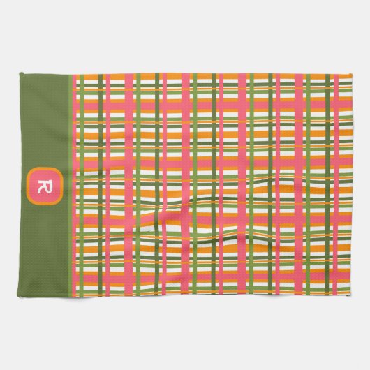 Anfängliche rosa grüne Kariert Chic Monogram Geschirrtuch (Horizontal)