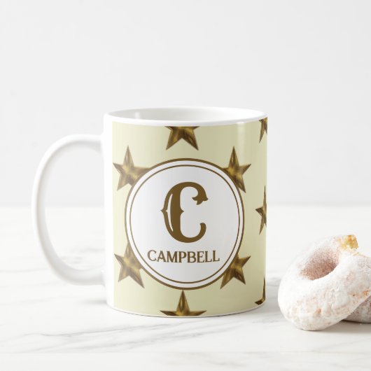 Anfängliche Western-Gelbe Gold-Star-Monogramm Kaffeetasse (Mit Donut)