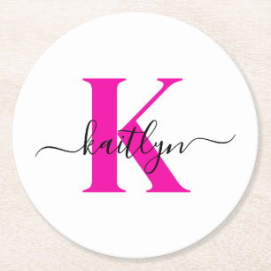 Anfänglicher Mit Monogramm Name in Pink Runder Pappuntersetzer