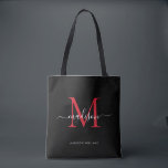 Anfänglicher Name des roten Monogram-Skripts für d Tasche<br><div class="desc">Modernes Schwarzes Burgundy Rotes Monogramm Eleganter Skriptname Initial Tote Bag</div>