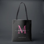 Anfänglicher Name des schwarzen PInk Magenta Monog Tasche<br><div class="desc">Modern Black Hot Pink Magenta Monogram Eleganter Script Name Initial Tote Bag</div>