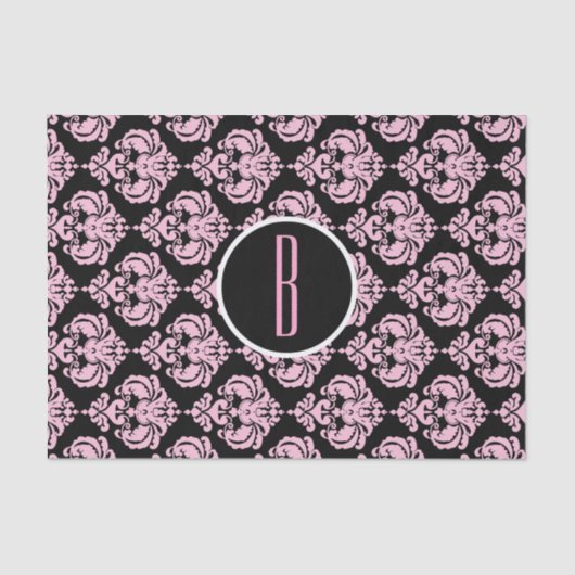 Anfänglicher Schwarz-Rosa-Glam-Damask Monogramm-Bu Seidenpapier (Vorderseite)