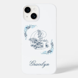 Anfängliches "G" Blaues Monogramm Ruhige Blumen Case-Mate iPhone 14 Hülle