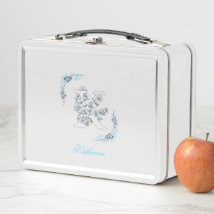 Anfängliches "K" Blaues Monogramm Ruhige Blumen Metall Brotdose