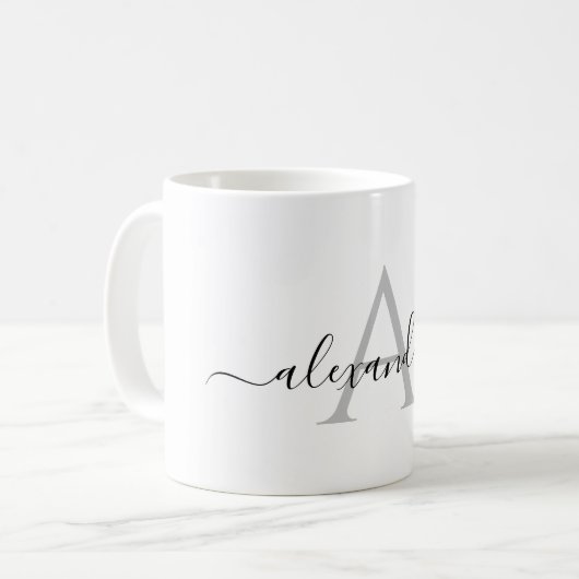 Anfängliches Monogramm mit weißem schwarzem Namen Kaffeetasse (Vorderseite Links)