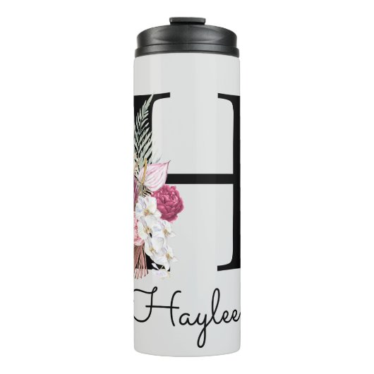 Anfangs-H-Monogramm Rosa Boho-Blumenmuster Thermosbecher (Vorderseite)