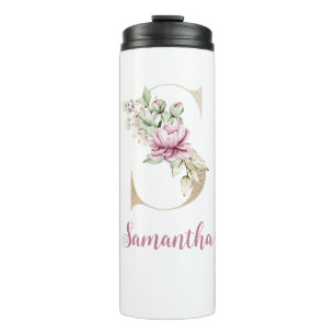 Anfangs-S, Goldener Buchstabe S, Monogramm S, Rosa Thermosbecher