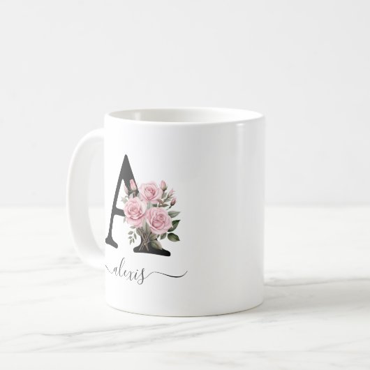 Anfangsbezeichnung einer rosa Rosenblütenblütenbez Kaffeetasse (Vorderseite Links)