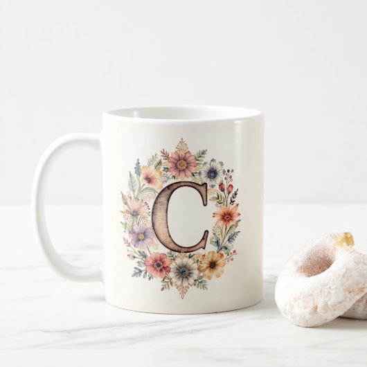 Anfangsbuchstabe C Flower Boho Blumen Tasse (Mit Donut)