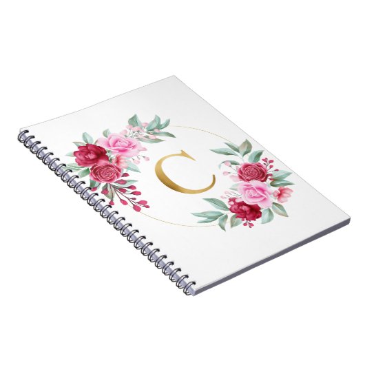 Anfangsbuchstabe C: Rosa und Rote Blütenmonogramm Notizblock (Rechte Seite)