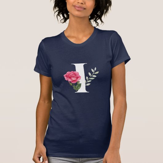 Anfangsbuchstabe I in Weiß mit rosa Rose T-Shirt (Vorderseite)