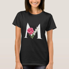 Anfangsbuchstabe M in Weiß mit rosa Rose T-Shirt