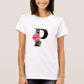 Anfangsbuchstabe P in Schwarz mit rosa Rose T-Shirt (Vorderseite)