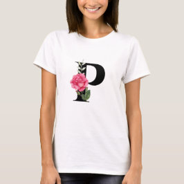 Anfangsbuchstabe P in Schwarz mit rosa Rose T-Shirt