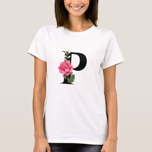 Anfangsbuchstabe P in Schwarz mit rosa Rose T-Shirt (Vorderseite)