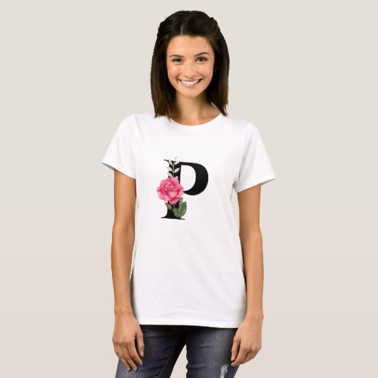 Anfangsbuchstabe P in Schwarz mit rosa Rose T-Shirt (Vorne ganz)
