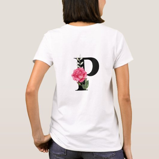 Anfangsbuchstabe P in Schwarz mit rosa Rose T-Shirt (Rückseite)