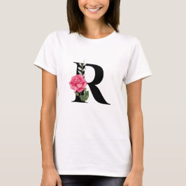 Anfangsbuchstabe R in Schwarz mit rosa Rose T-Shirt