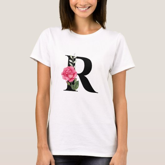 Anfangsbuchstabe R in Schwarz mit rosa Rose T-Shirt (Vorderseite)
