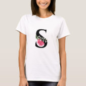 Anfangsbuchstabe S in Schwarz mit rosa Rose T-Shirt (Vorderseite)