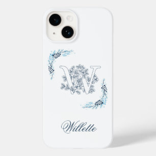 Anfangsbuchstabe "W" Blaues Monogramm Ruhige Blume Case-Mate iPhone 14 Hülle