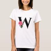 Anfangsbuchstabe W in Schwarz mit rosa Rose T-Shirt (Vorderseite)
