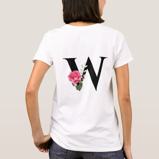 Anfangsbuchstabe W in Schwarz mit rosa Rose T-Shirt (Rückseite)