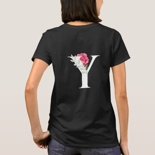 Anfangsbuchstabe Y in Weiß mit rosa Rose T-Shirt (Rückseite)