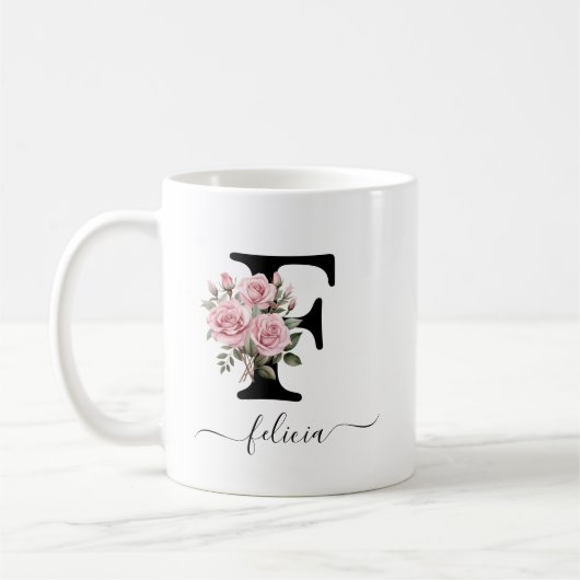 Anfangsbuchstaben F rosa Rosen Floral Blume Monogr Kaffeetasse (Links)