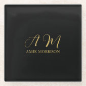 Anfangsbuchstabenname für Schwarz-Gold-Farben Mono Glasuntersetzer (Vorderseite)