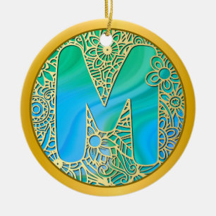Anfangsmonogramm M Weihnachten - Gold, Türkis & Bl Keramik Ornament