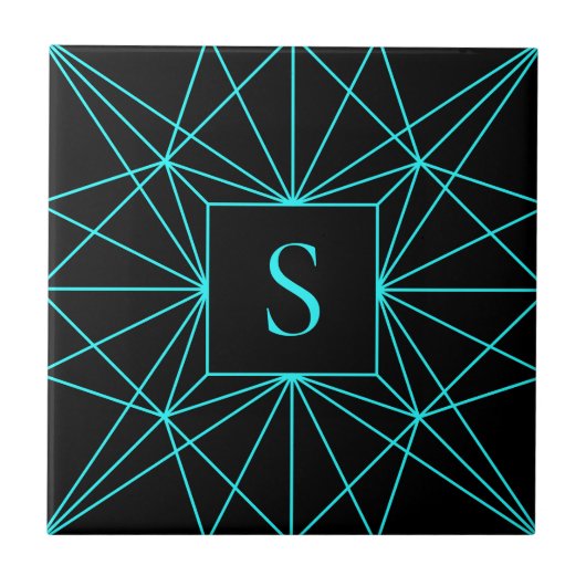 Anfangsmonogramm | Türkis geometrisches Design Fliese (Vorderseite)