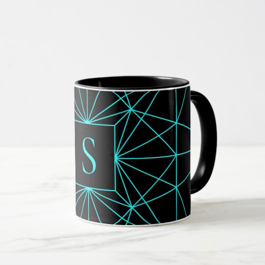 Anfangsmonogramm | Türkisfarbene Geometrie Tasse (VorderseiteRechts)
