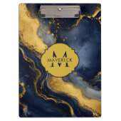 Anfangsname auf Navy Gold Abstract Marble FluidArt Klemmbrett (Vorderseite)