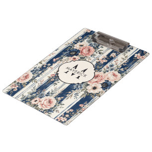 Anfangsname auf Wasserfarbe-Navy-Blumenstreifen Klemmbrett