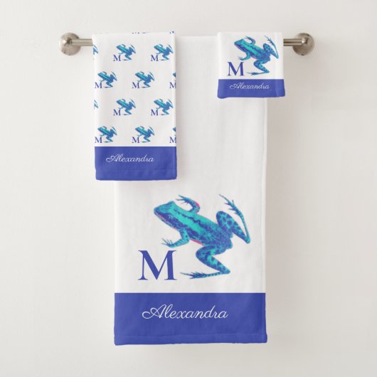 Anfangsname des modernen Blue Tree Frog Monogram Badhandtuch Set (Insitu)
