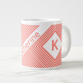 Anfangsname | Funky Diagonal Coral/White Stripes Jumbo-Tasse (Vorderseite Rechts)