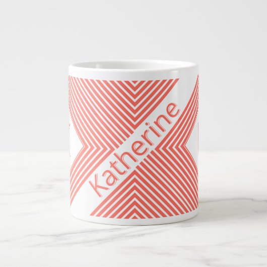 Anfangsname | Funky Diagonal Coral/White Stripes Jumbo-Tasse (Vorderseite)