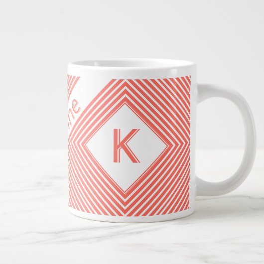 Anfangsname | Funky Diagonal Coral/White Stripes Jumbo-Tasse (Rechts)