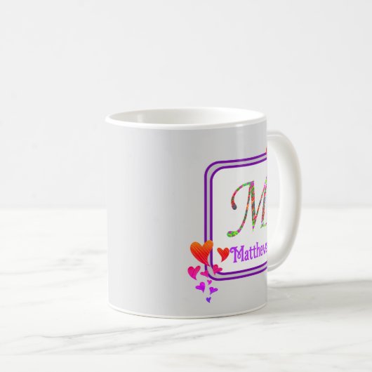 Anfangsname für Lila Herzklopfen in Monogramm Kaffeetasse (VorderseiteRechts)