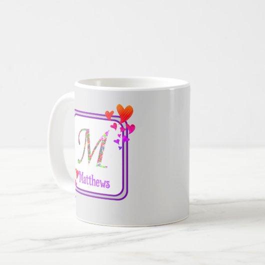Anfangsname für Lila Herzklopfen in Monogramm Kaffeetasse (Vorderseite Links)