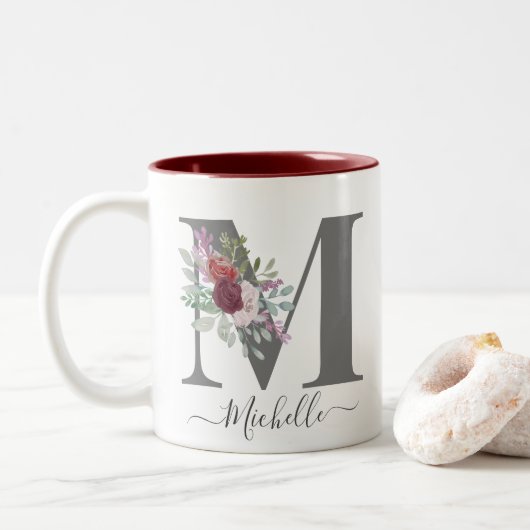 Anfangsname für Monogramm Floral Zweifarbige Tasse (Mit Donut)