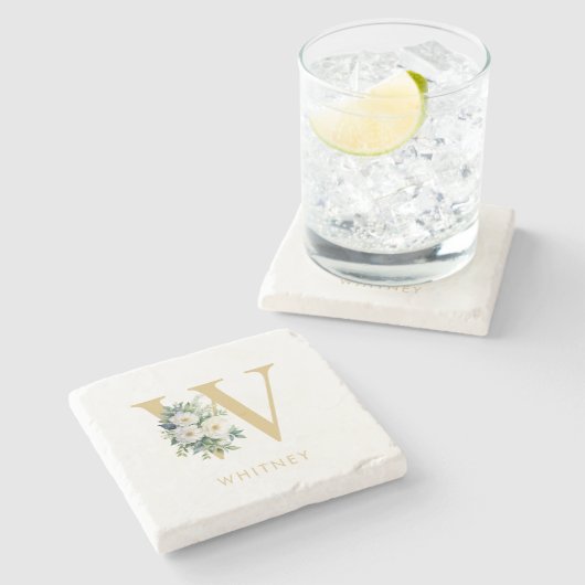 Anfangsname für Monogramm Letter Floral Steinuntersetzer (Seitenansicht)