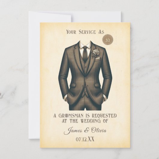 Anforderung eines eleganten Vintagen Anzug Trauzeu Einladung (Vorderseite)