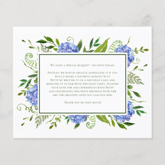 Anfrage zur Blue Hydrangeas 80. Geburtstagskarte (Vorderseite)