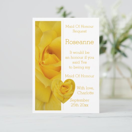 Anfrage zur Trauzeugin des Gelbrosenherzes Einladung (Stehend Vorderseite)