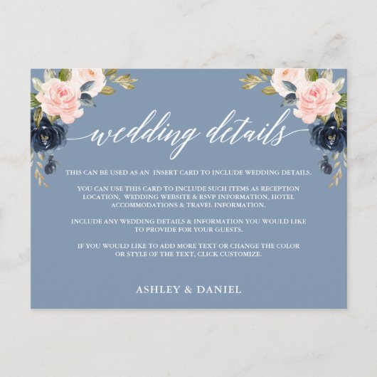 Angaben Hochzeitsstimmung Blautafel Rosa Blütenbla Postkarte (Vorderseite)