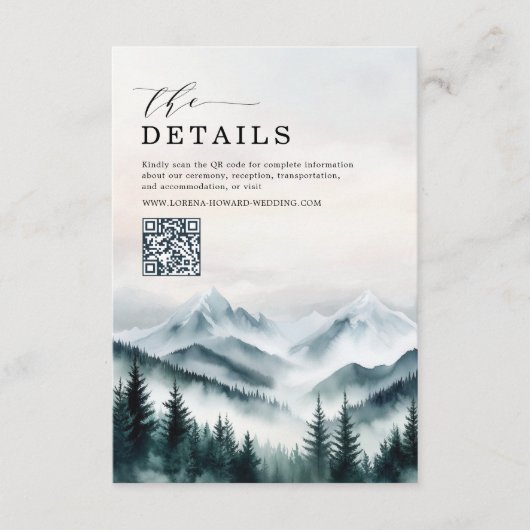 Angaben QR-Code für Moody Mountains Forest Wedding Begleitkarte (Vorderseite)