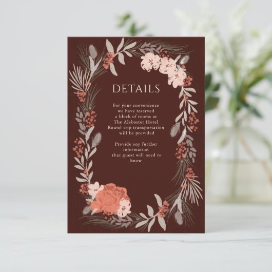 Angaben zu Boho Botanicals Brown and Cream Wedding Begleitkarte (Stehend Vorderseite)
