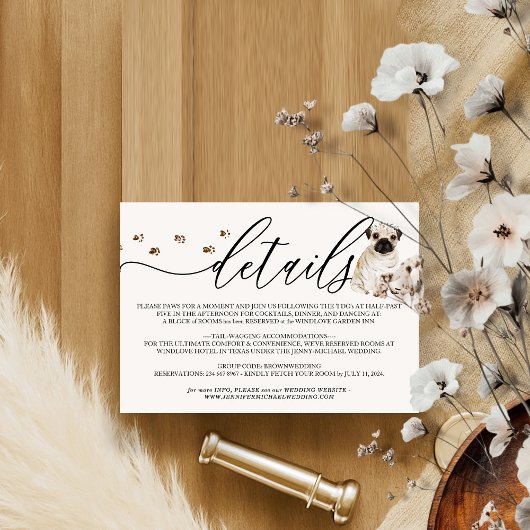 Angaben zum Hochzeitsleid von Mops RSVP Karte